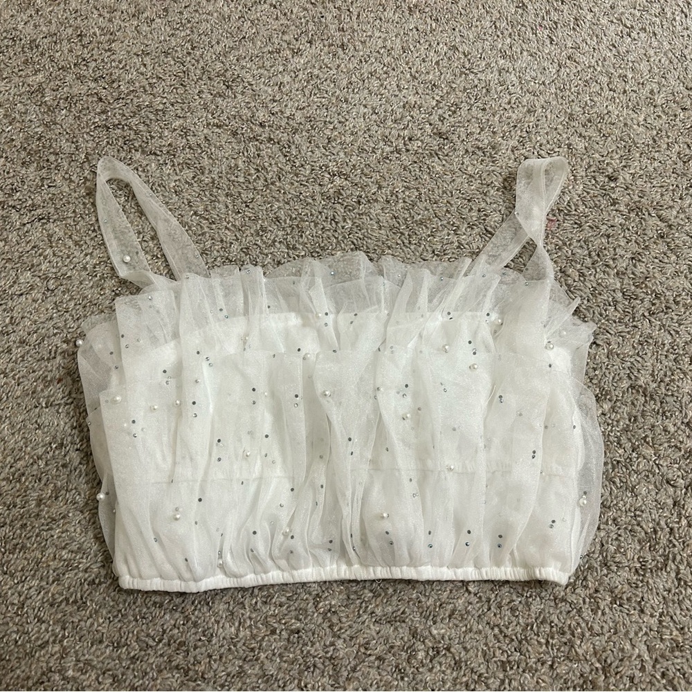 STORIA Paulina Pearl Studded Crop Top White Wedding Bachelorette Nylon Tulle L
